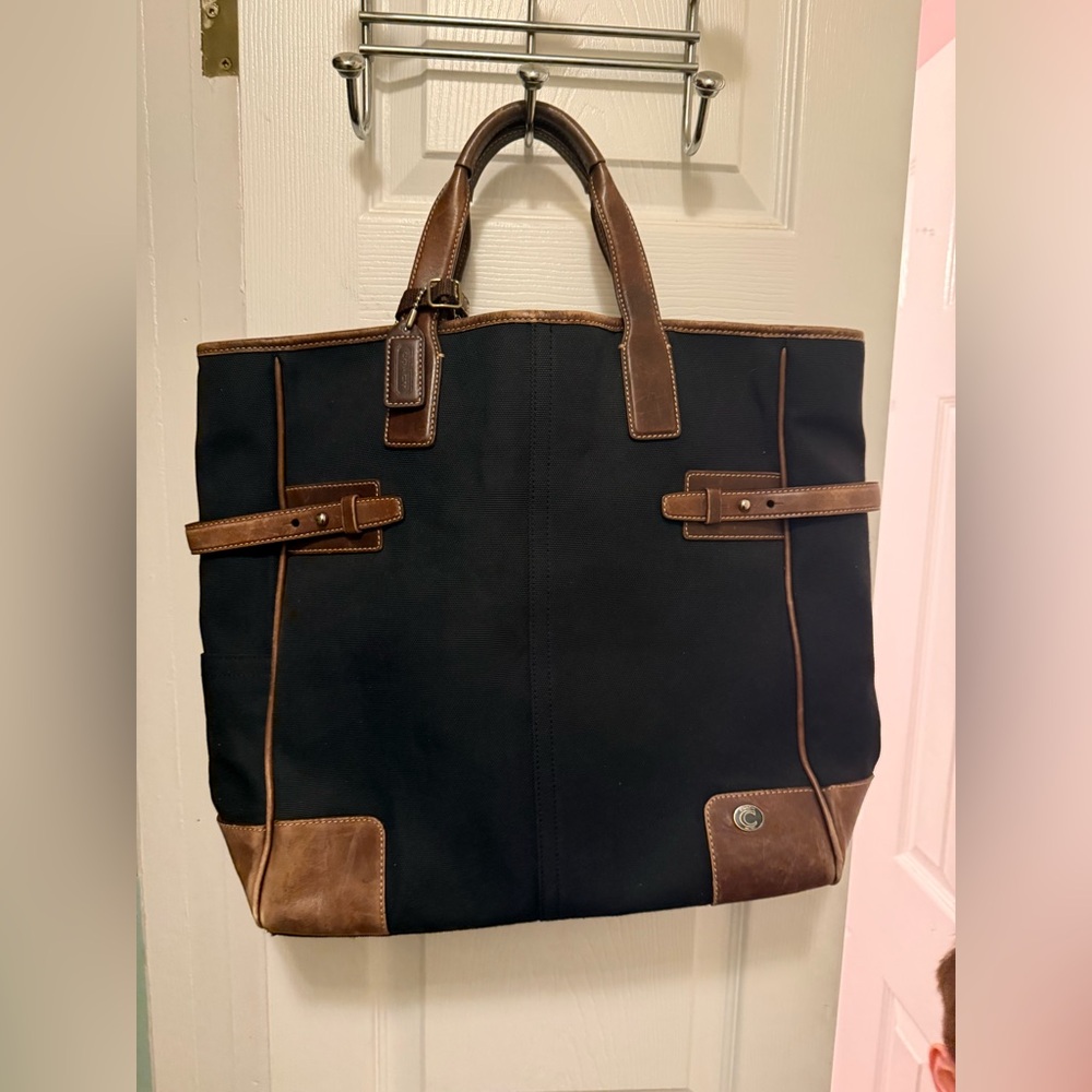 Coach Black Canvas Messenger Bag with Brown Leather Trim